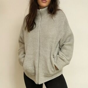Mo&Co Merino Wool Full Zip Sweater Womens Medium Gray Ribbed Knit Mock Neck